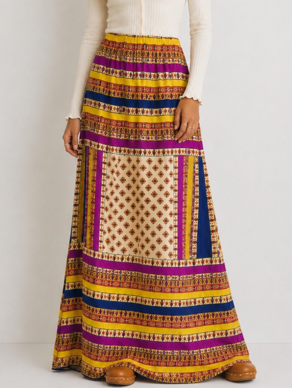 A6 Five- O Vintage Yellow Purple Blue Stripe Floral 60s 70s Maxi SkirtS